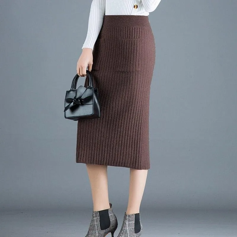 Elegant Ribbed Knitted Pencil Midi Sweater Skirt