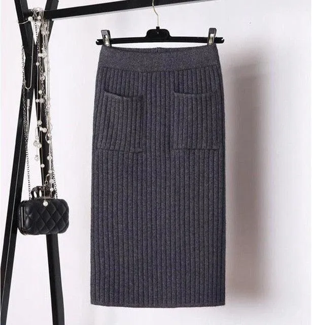 Elegant Ribbed Knitted Pencil Midi Sweater Skirt