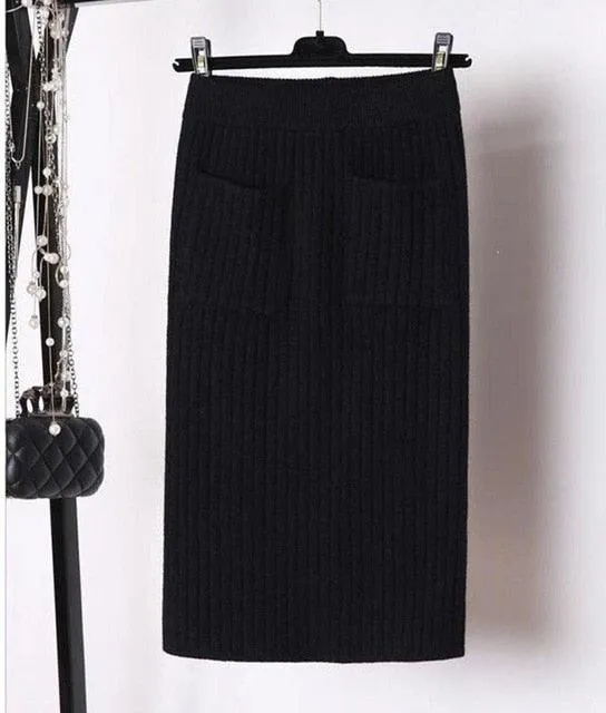 Elegant Ribbed Knitted Pencil Midi Sweater Skirt