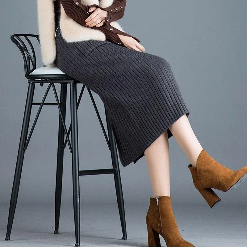 Elegant Ribbed Knitted Pencil Midi Sweater Skirt