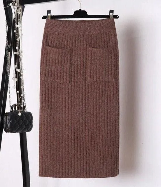 Elegant Ribbed Knitted Pencil Midi Sweater Skirt