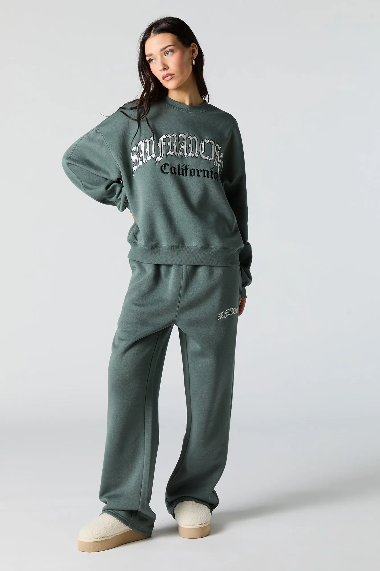 Embroidered Destination Wide Leg Sweatpant