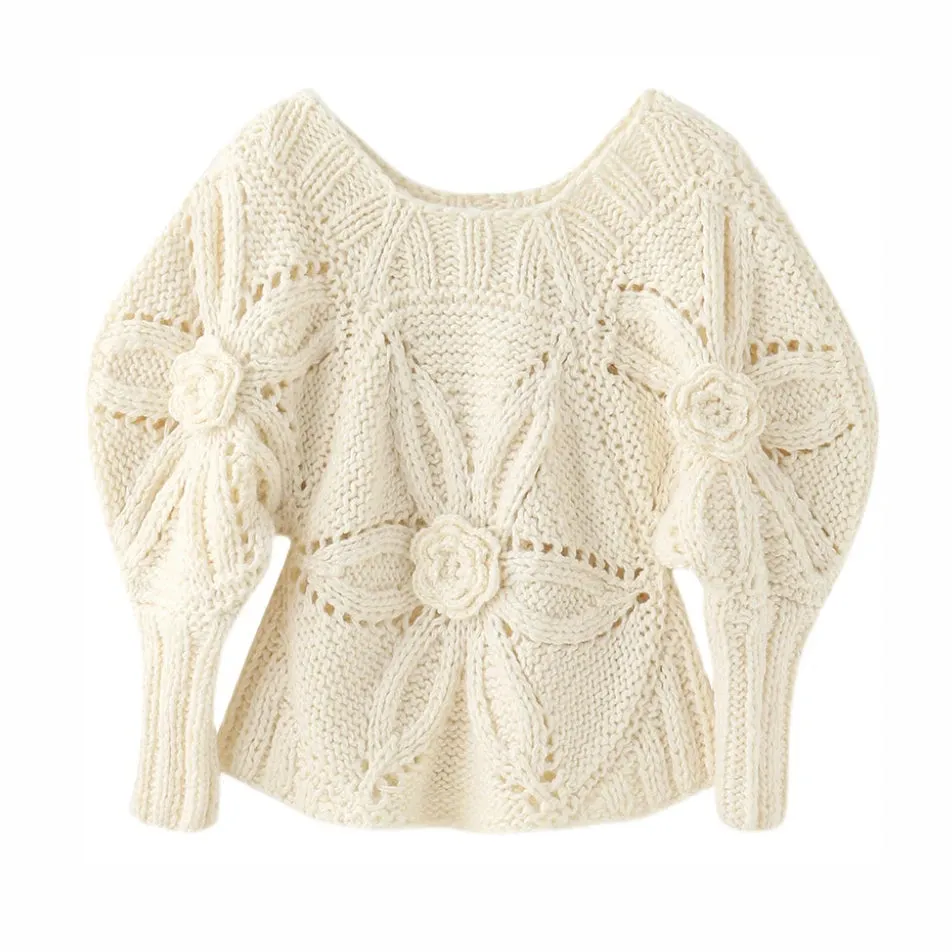 European Style Sweater for Women New High-Grade Hollow Out Flower Crew Neck Puff Sleeve Waist-Tight Pullover Spring C-140