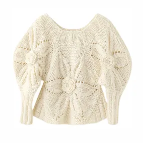 European Style Sweater for Women New High-Grade Hollow Out Flower Crew Neck Puff Sleeve Waist-Tight Pullover Spring C-140