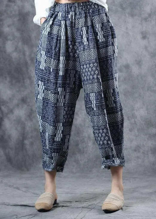 fall new blue prints women pants linen blended elastic waist harem pants