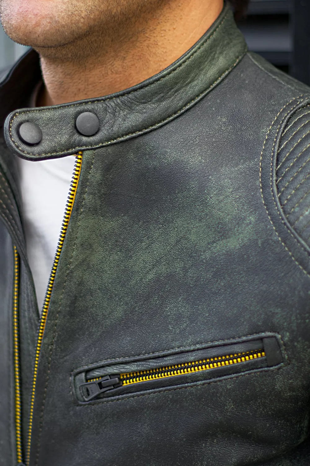 FALLOUT Leather Jacket  Distressed Green   - Cafe Racer