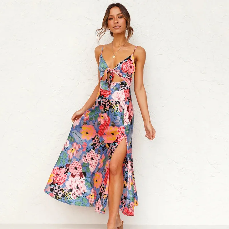 Fancy Print A-Line Midi Dress with Tie Front