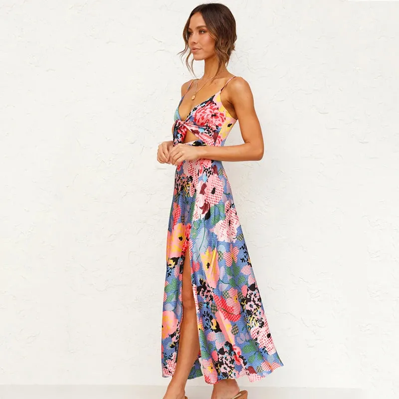 Fancy Print A-Line Midi Dress with Tie Front