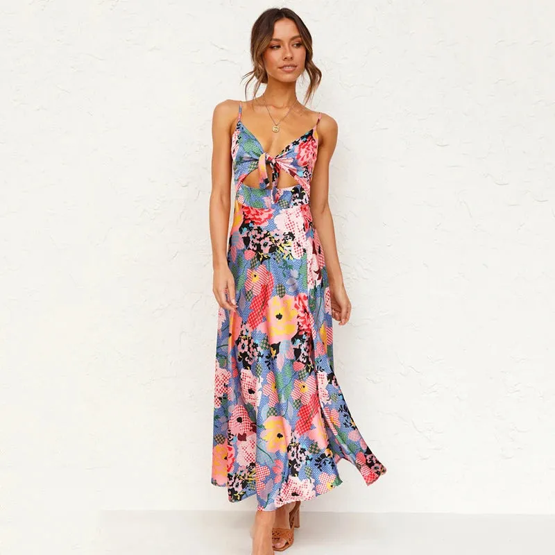 Fancy Print A-Line Midi Dress with Tie Front