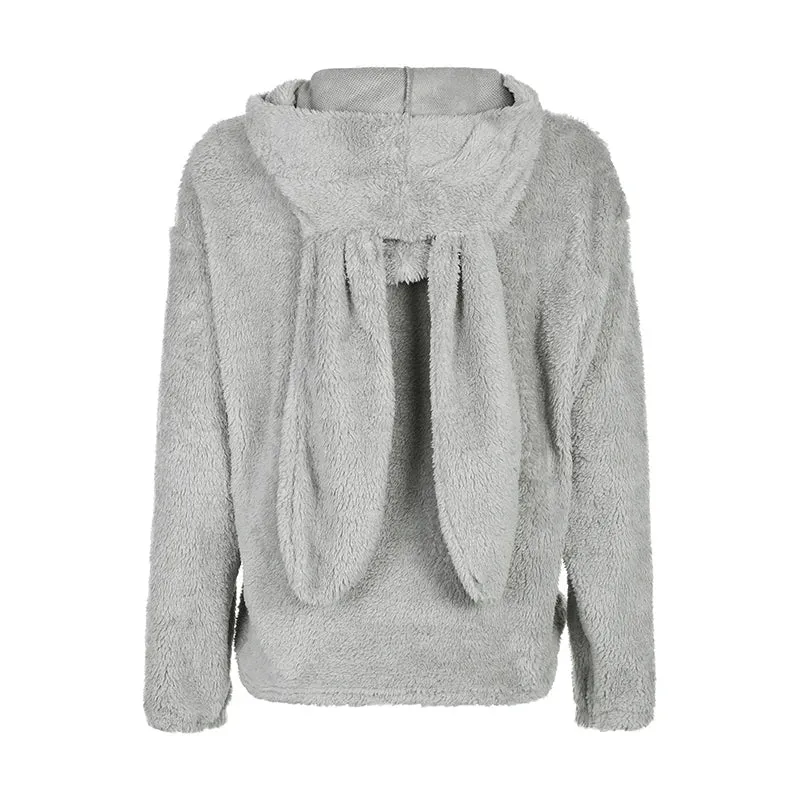 Fashion Kawaii Rabbit Fleece Winter Pullover Hoodie Female Fluffy Loose Autumn Sweatshirts Drawstring Casual Hooded