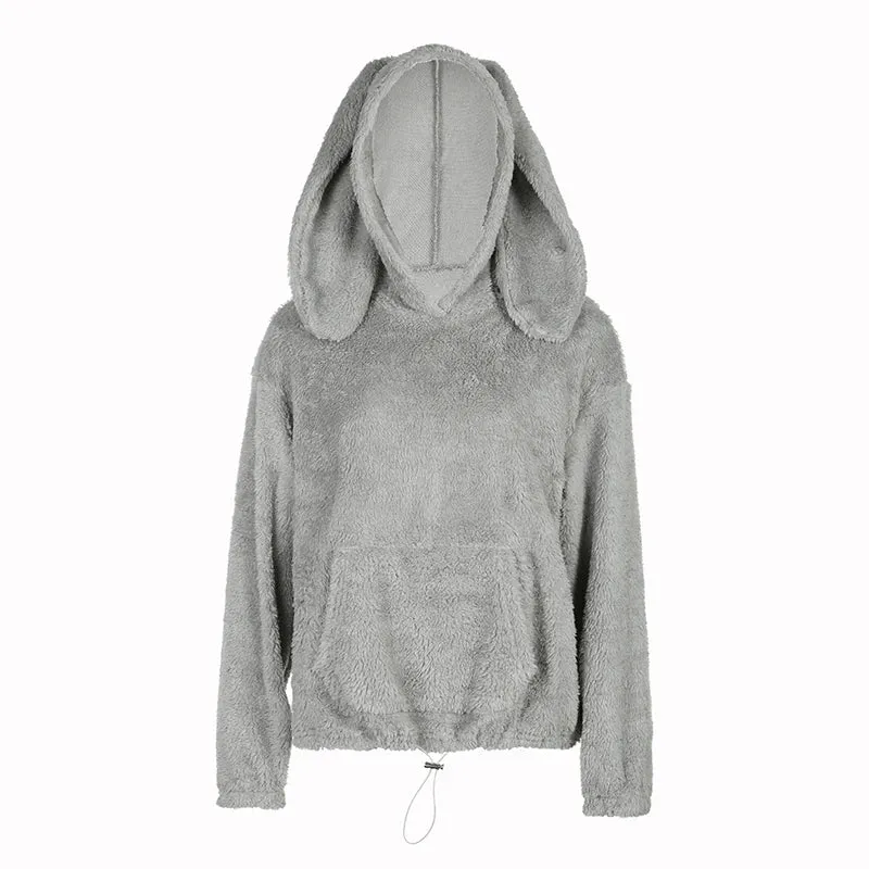 Fashion Kawaii Rabbit Fleece Winter Pullover Hoodie Female Fluffy Loose Autumn Sweatshirts Drawstring Casual Hooded