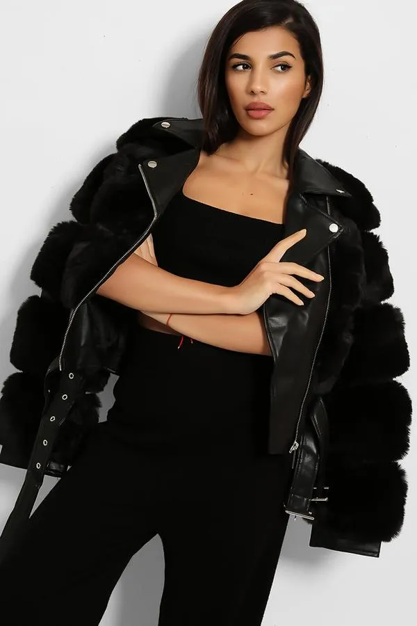 FAUX FUR BELTED LEATHER LOOK TRIM BLACK BIKER JACKET