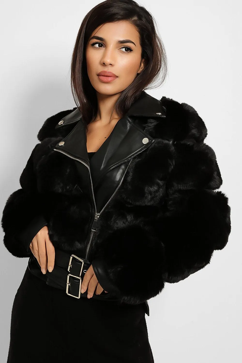 FAUX FUR BELTED LEATHER LOOK TRIM BLACK BIKER JACKET