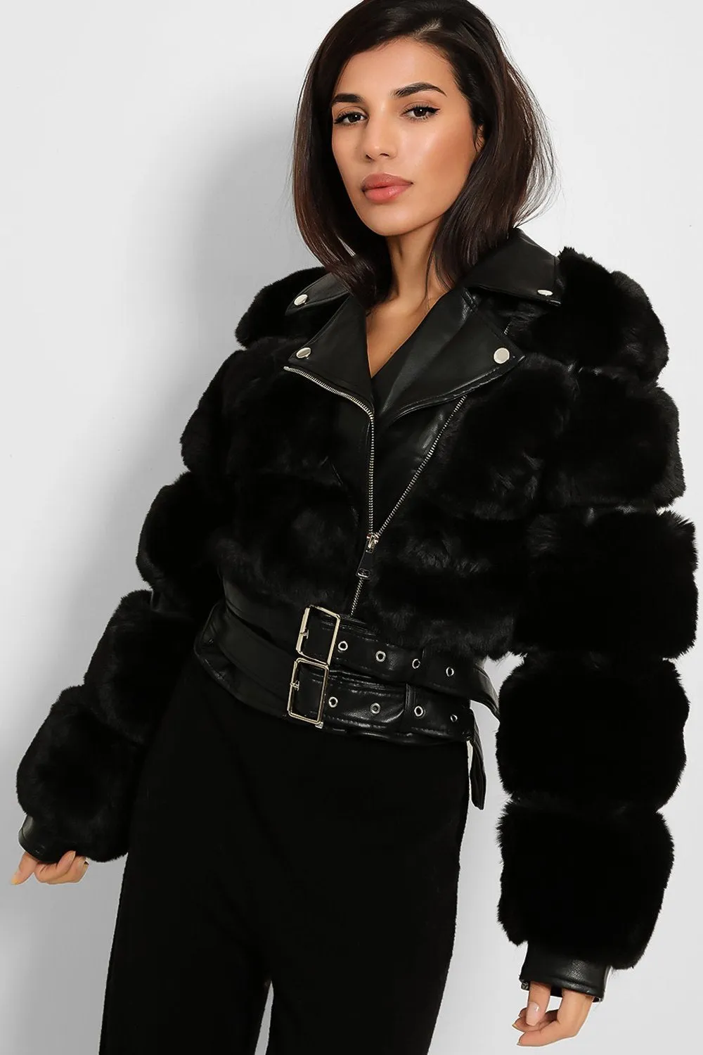 FAUX FUR BELTED LEATHER LOOK TRIM BLACK BIKER JACKET