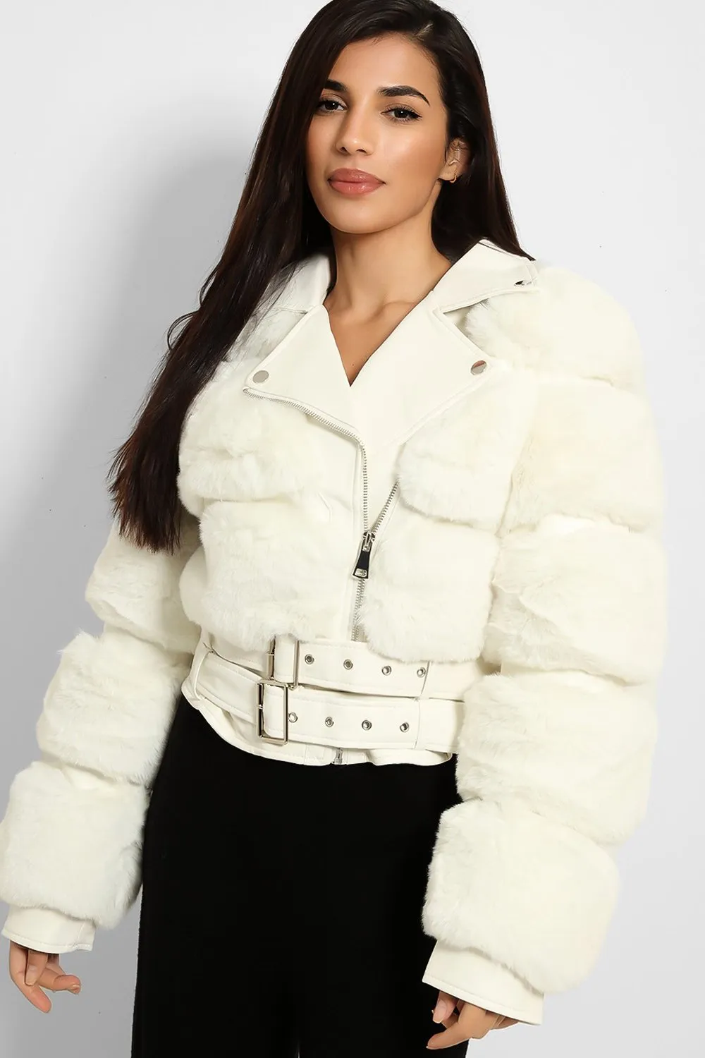 FAUX FUR BELTED LEATHER LOOK TRIM WHITE BIKER JACKET