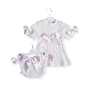 Girls Ivory Pink Ribbon Bow Knitted Jam Pants Set