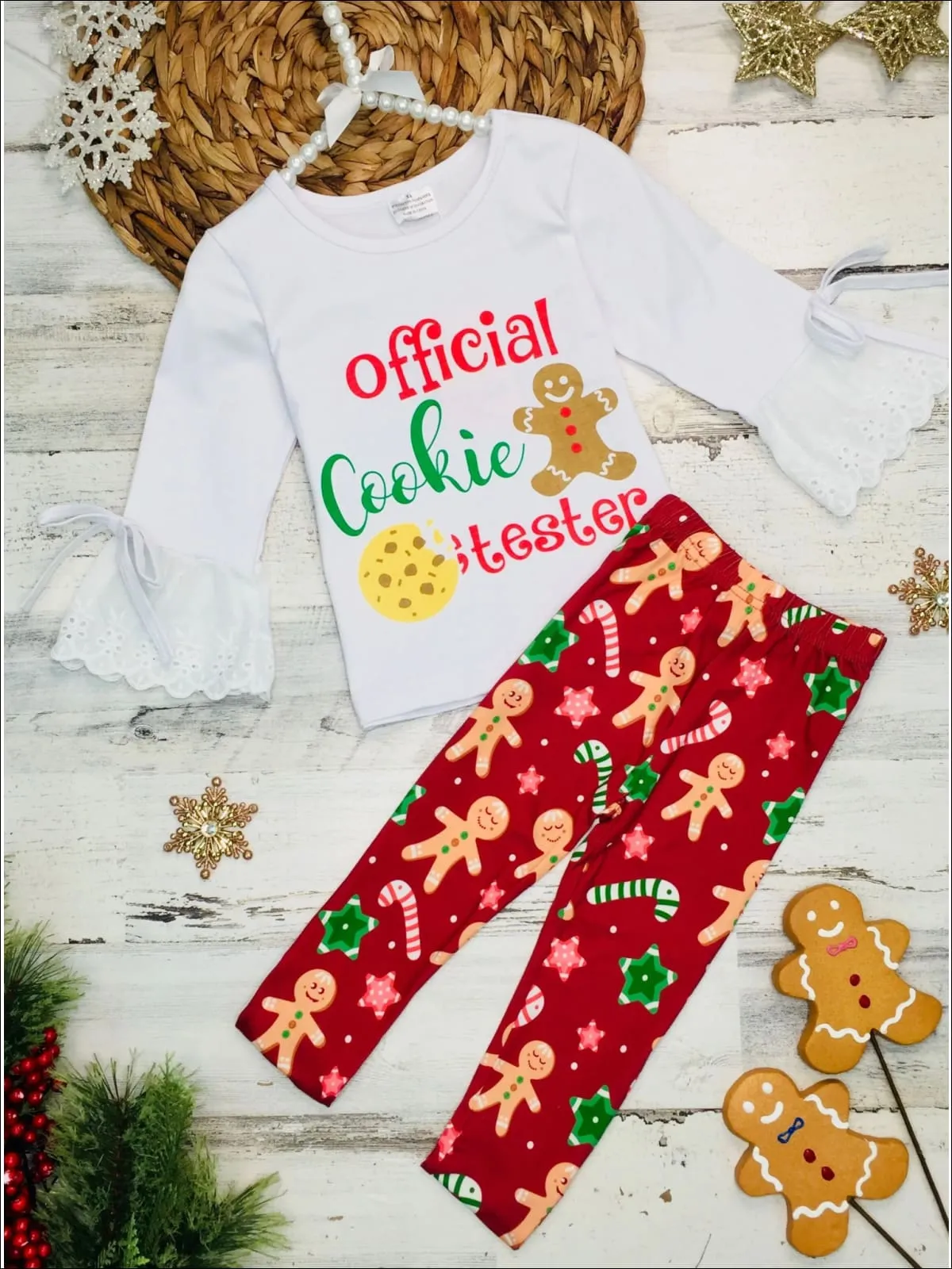 Girls Long Lace Bell Sleeve "Official Cookie Tester" Top And Gingerbread Print Legging Set