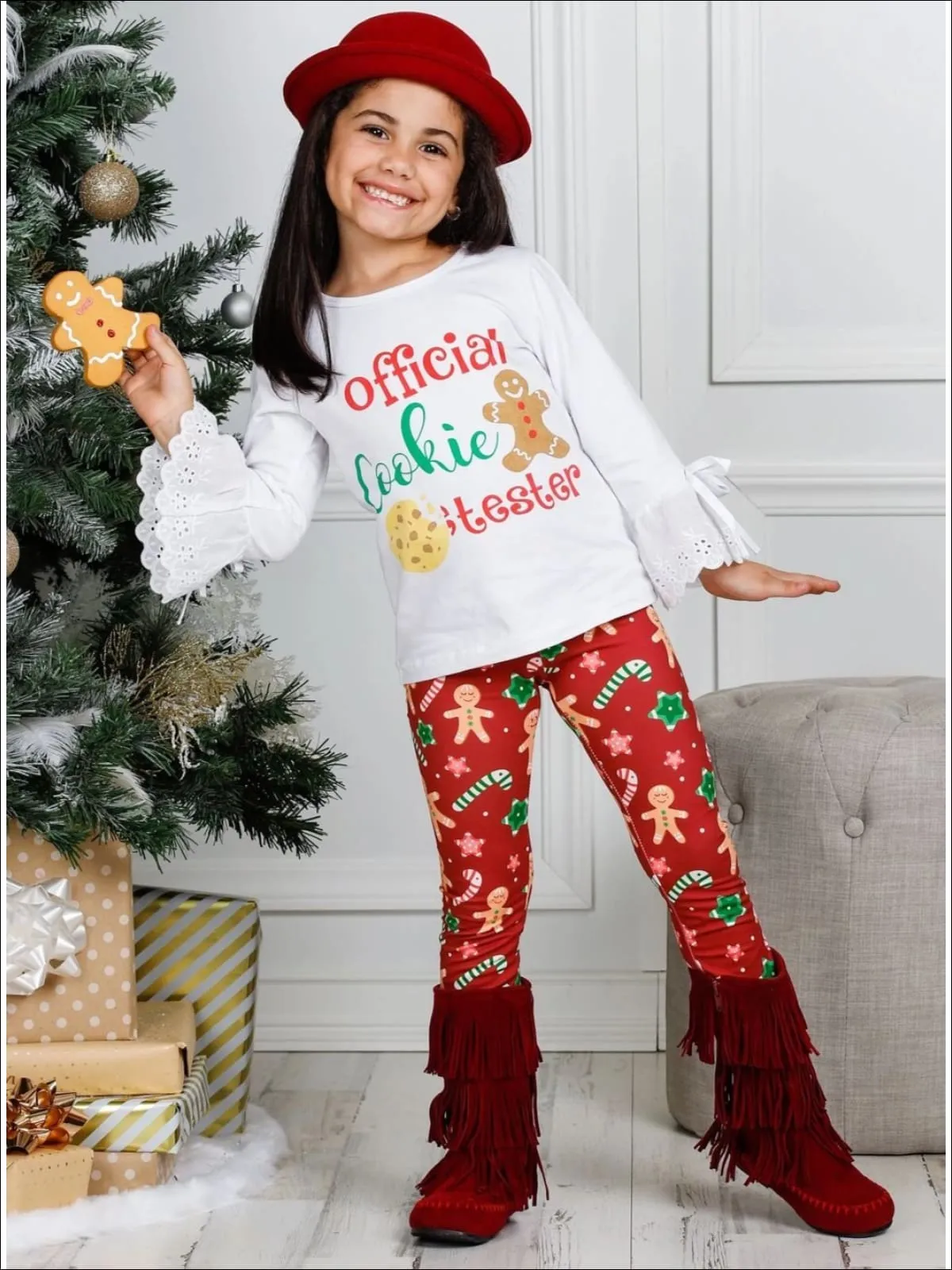 Girls Long Lace Bell Sleeve "Official Cookie Tester" Top And Gingerbread Print Legging Set