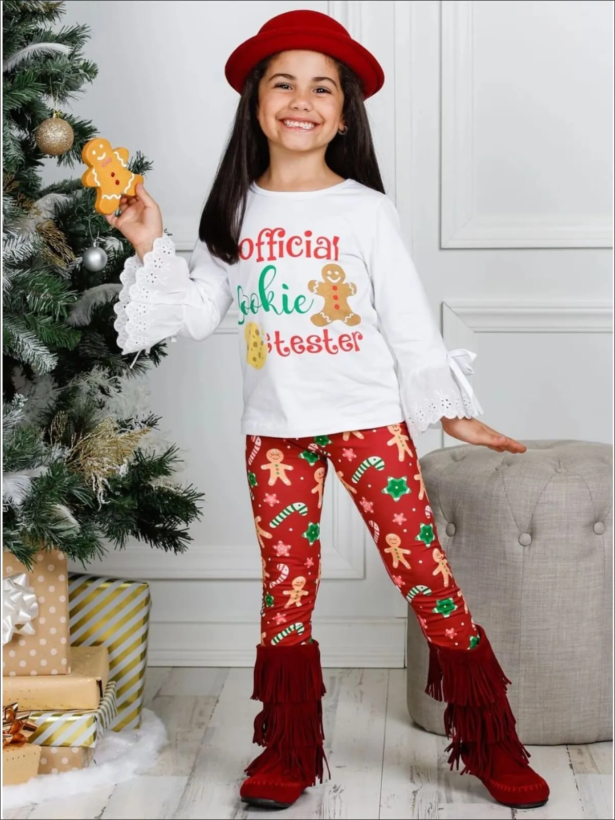 Girls Long Lace Bell Sleeve "Official Cookie Tester" Top And Gingerbread Print Legging Set