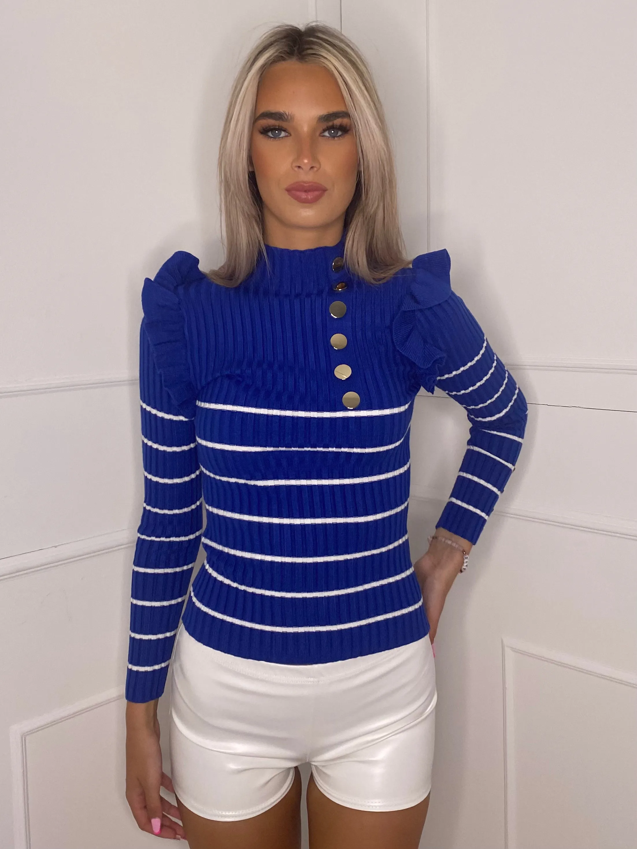 Gold Button Striped Frill Jumper - Royal Blue