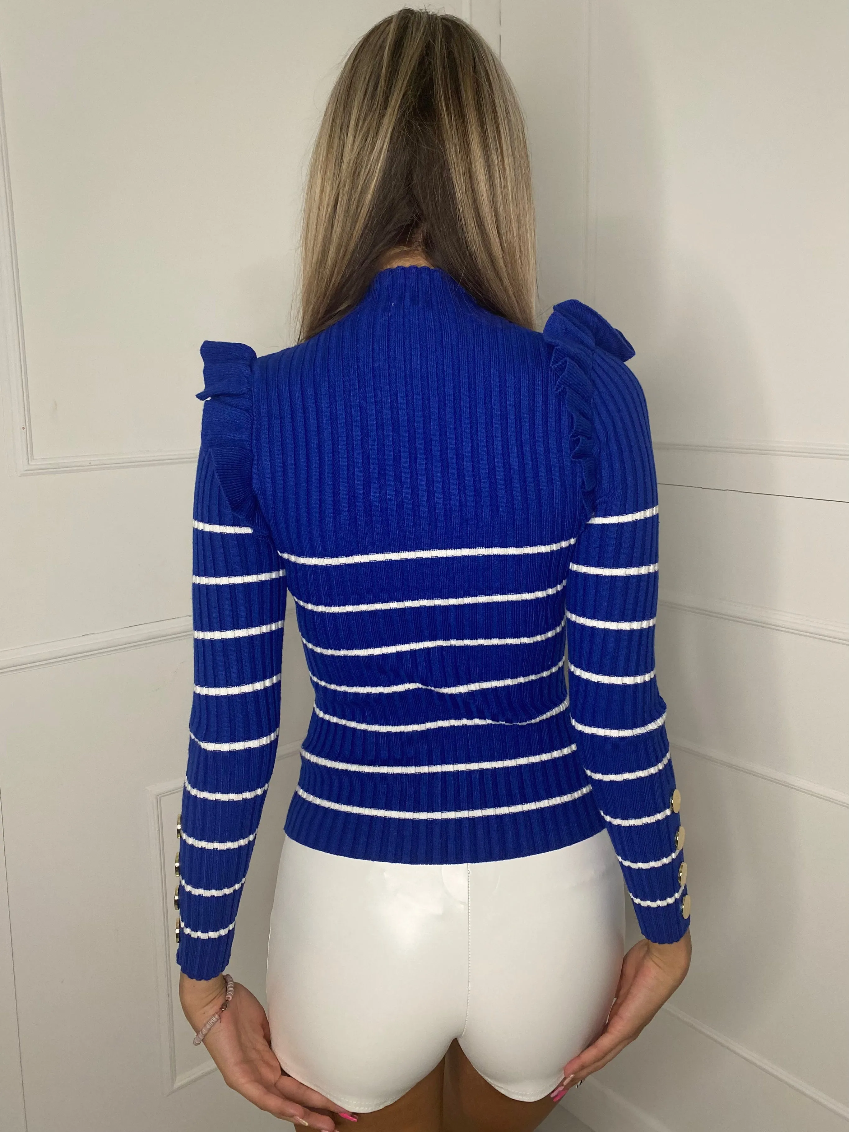 Gold Button Striped Frill Jumper - Royal Blue