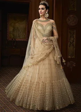 Golden Overall Embroidered Net Anarkali Suit