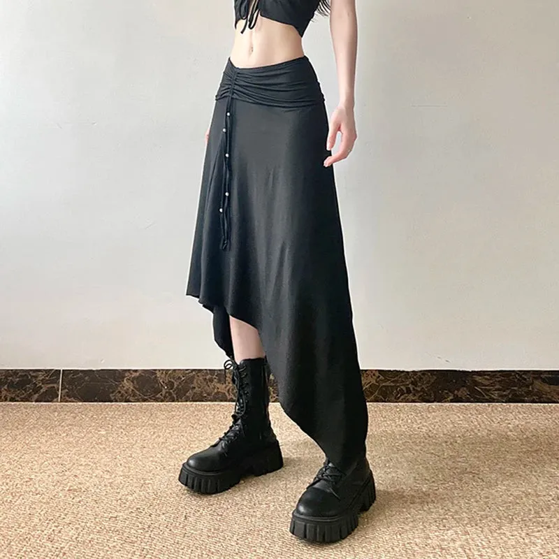 Gothic Dark Harajuku Asymmetrical Maxi Skirt Beading Drawstring Folds Autumn Women Skirts Long Korean Party Clothing