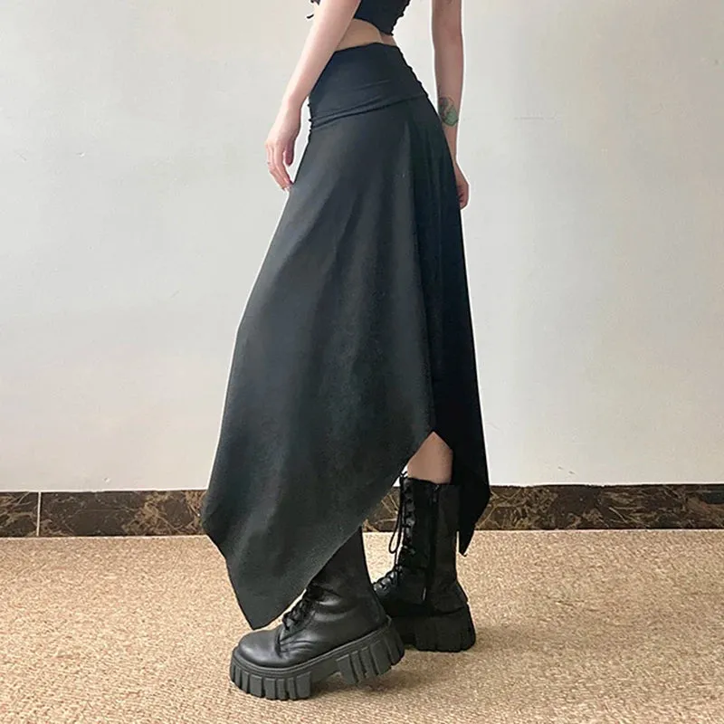 Gothic Dark Harajuku Asymmetrical Maxi Skirt Beading Drawstring Folds Autumn Women Skirts Long Korean Party Clothing