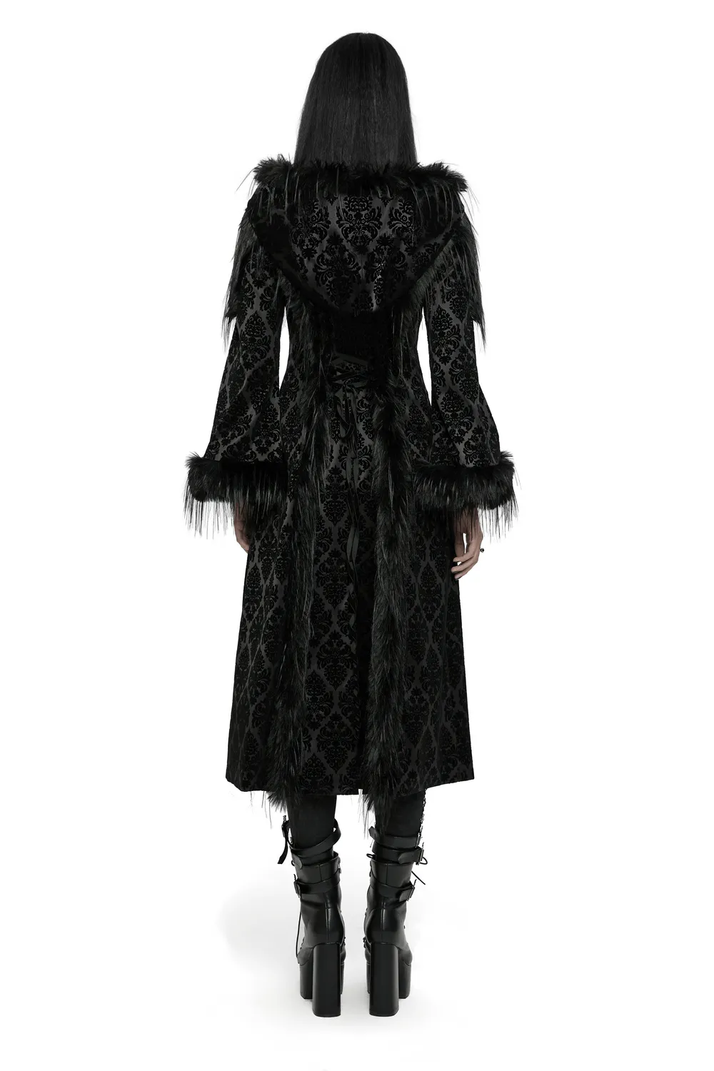 Gothic Hooded Jacquard Coat with Faux Fur Trim