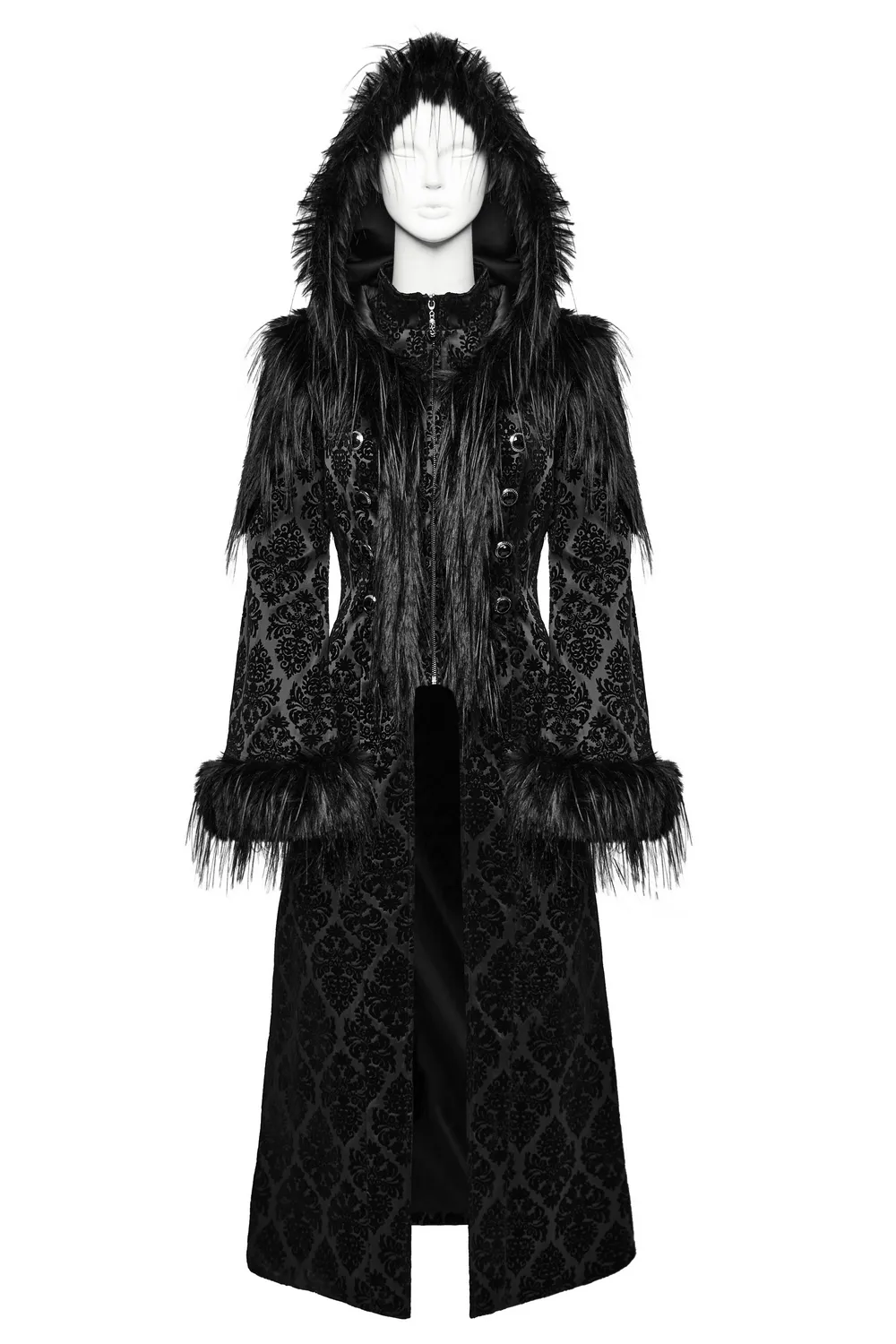 Gothic Hooded Jacquard Coat with Faux Fur Trim