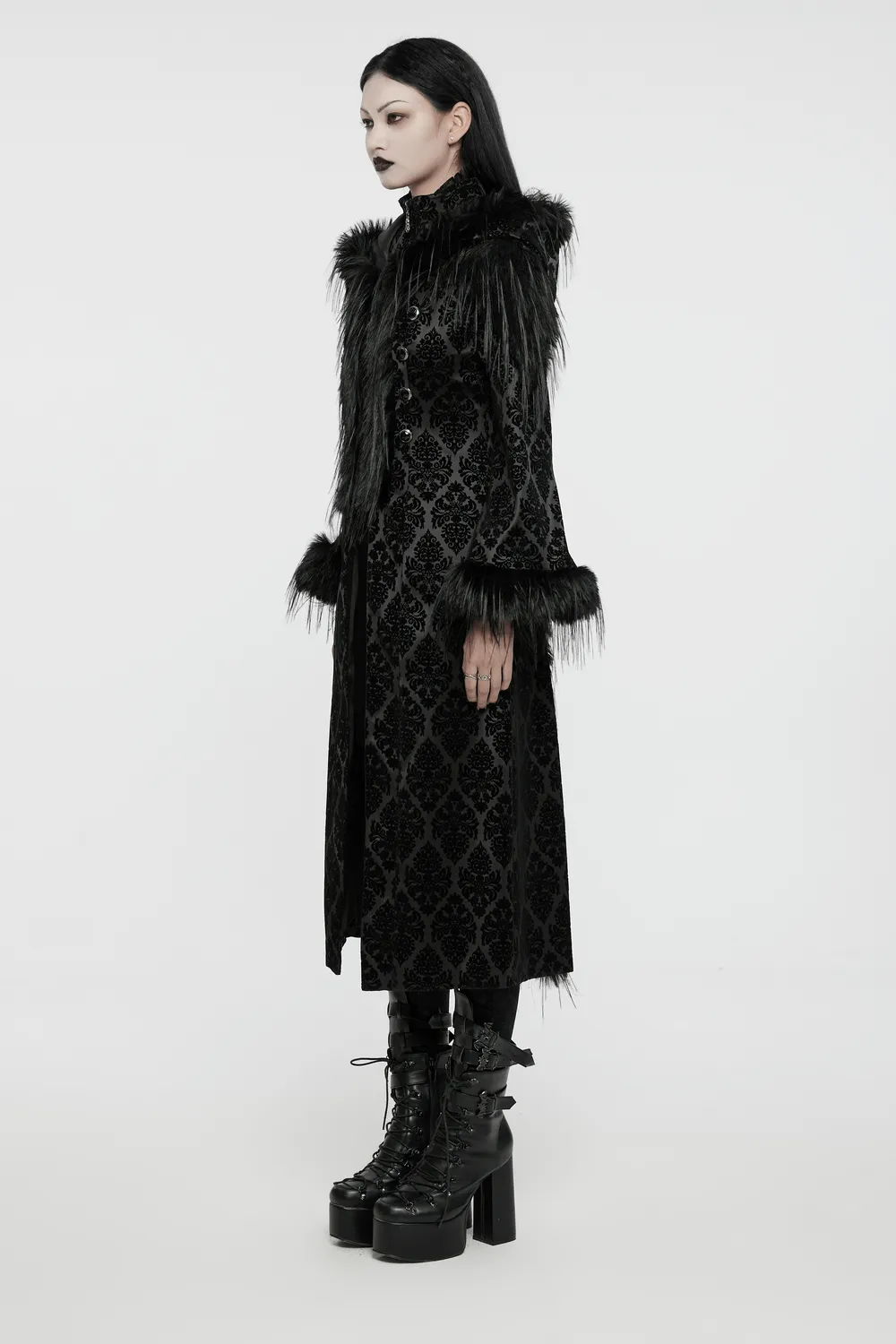 Gothic Hooded Jacquard Coat with Faux Fur Trim