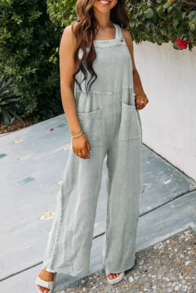 Gray Textured Wide Leg Overall with Pockets