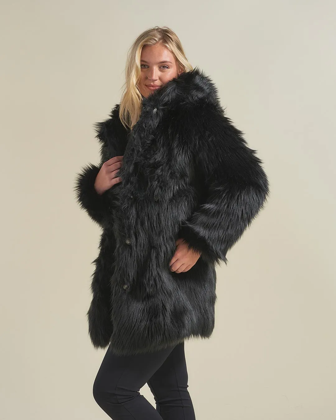 Hooded Women's Faux Fur Coat | Black Wolf