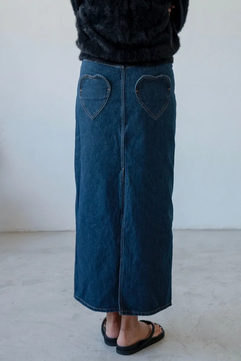 INDIGO HEART POCKET DENIM MAXI SKIRT ( PRE ORDER )