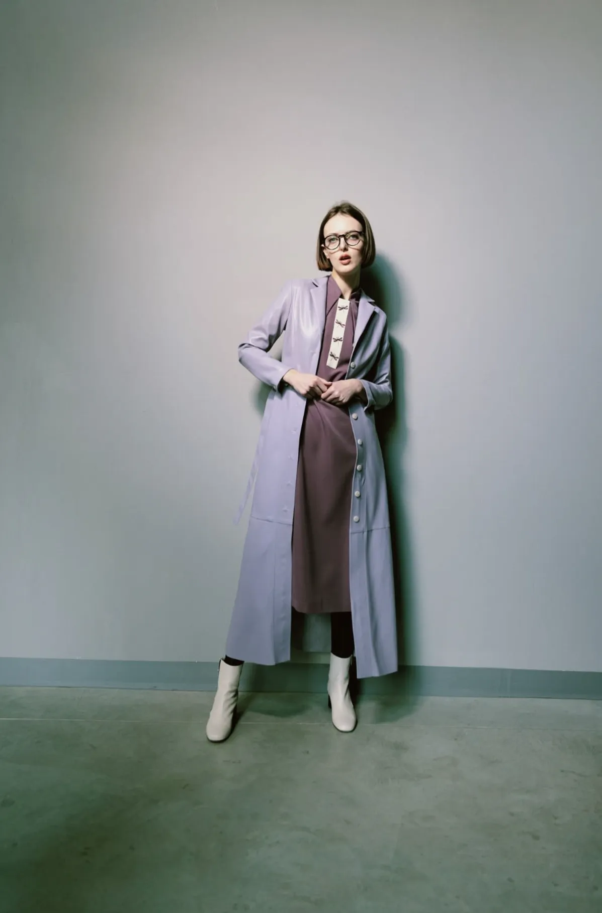 Long Button-Up Eco-Leather Trench Lavender