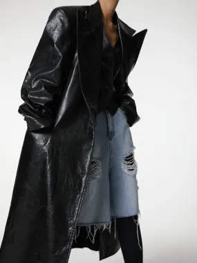 LUXE PEAKED LAPEL VEGAN WASHED LEATHER COAT