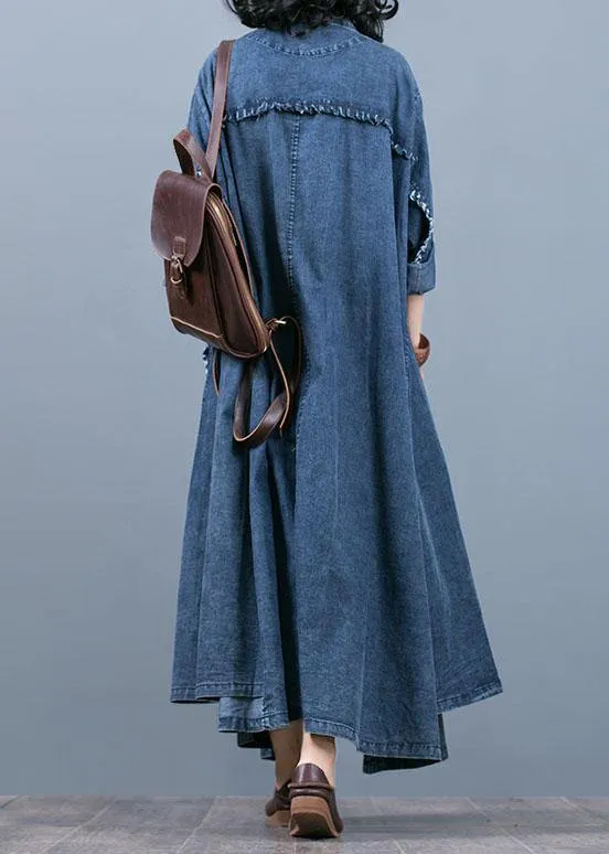 Luxury denim blue coat oversize fall coat Notched Large pockets Coats