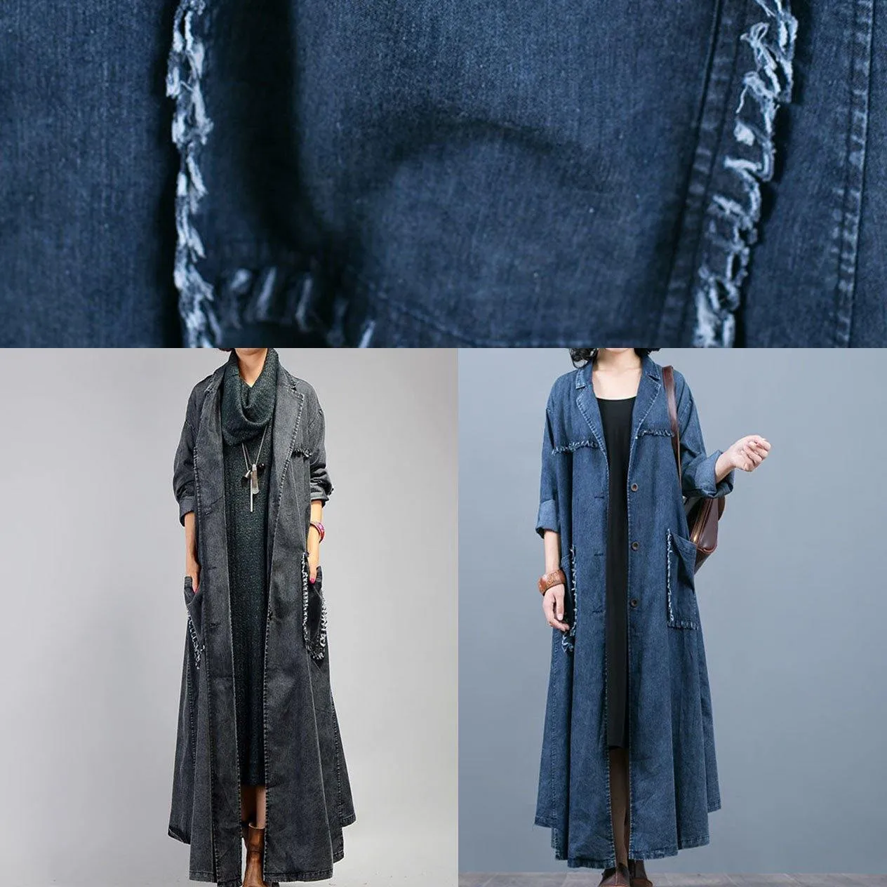 Luxury denim blue coat oversize fall coat Notched Large pockets Coats