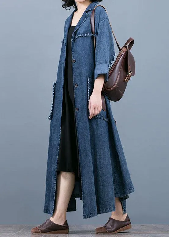 Luxury denim blue coat oversize fall coat Notched Large pockets Coats