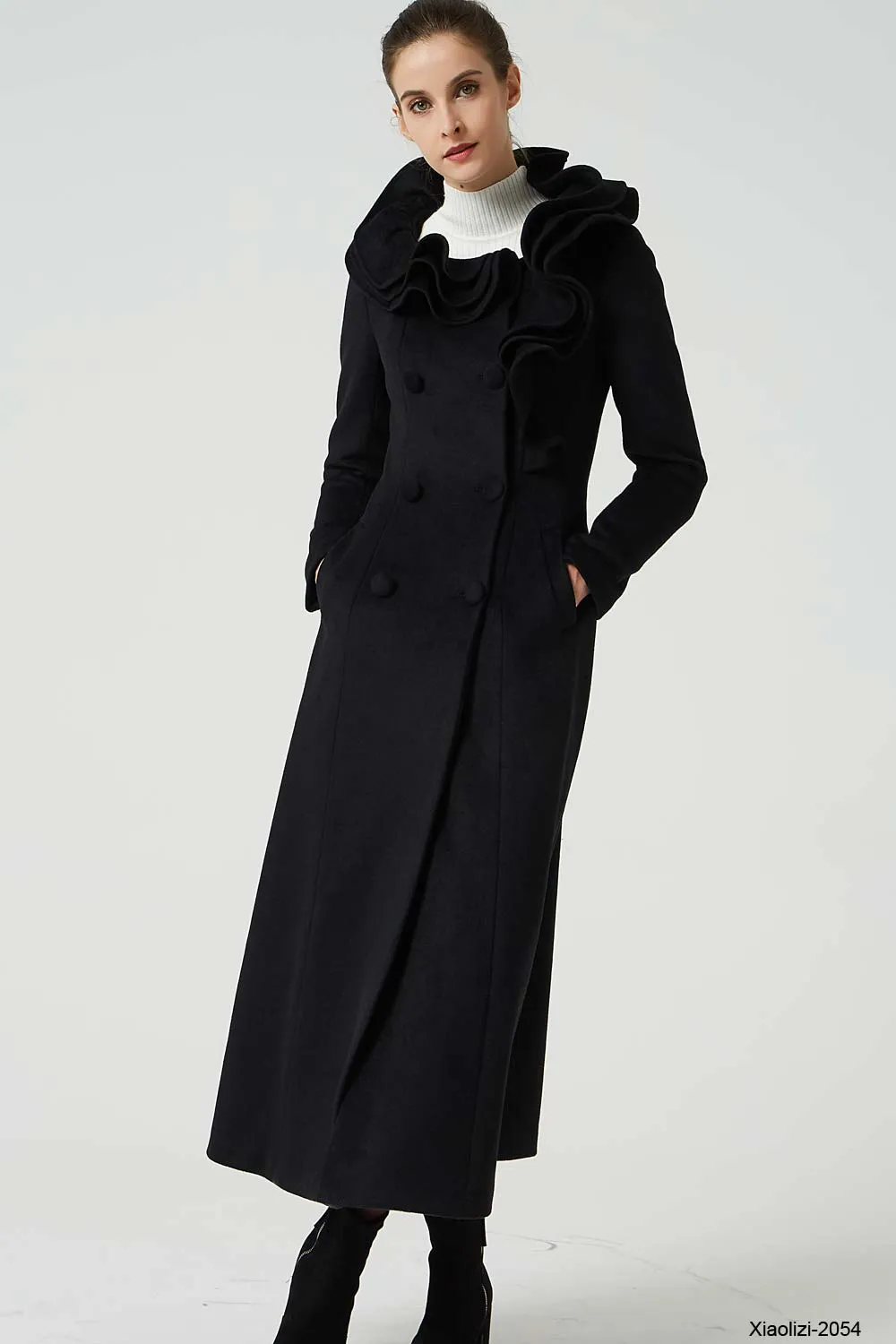 maxi black ruffle wool coat, long trench coat 2054#