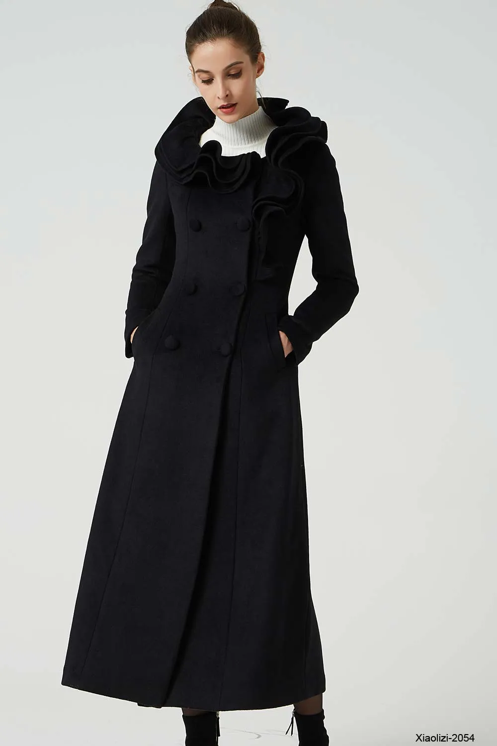 maxi black ruffle wool coat, long trench coat 2054#