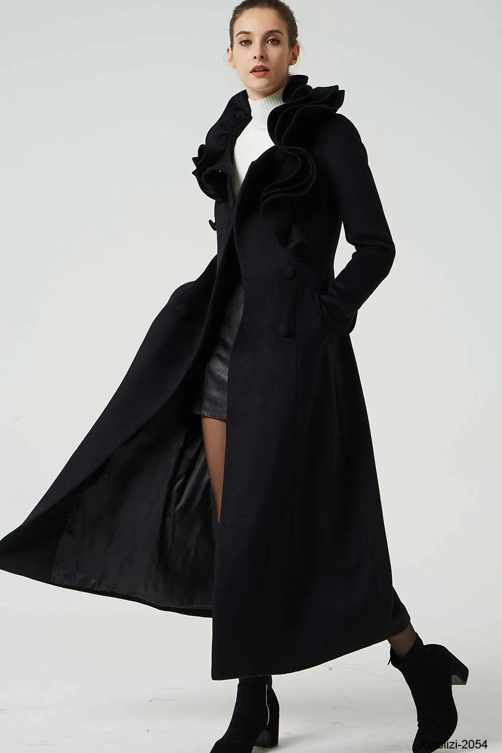 maxi black ruffle wool coat, long trench coat 2054#