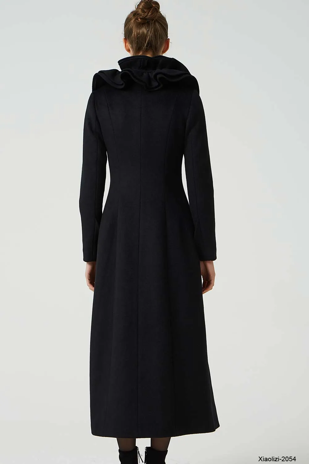 maxi black ruffle wool coat, long trench coat 2054#