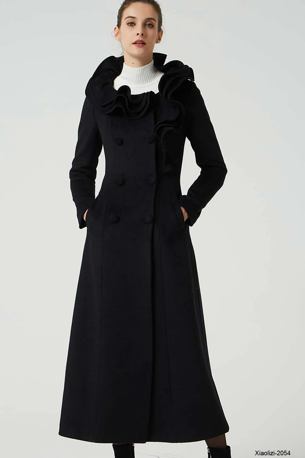 maxi black ruffle wool coat, long trench coat 2054#