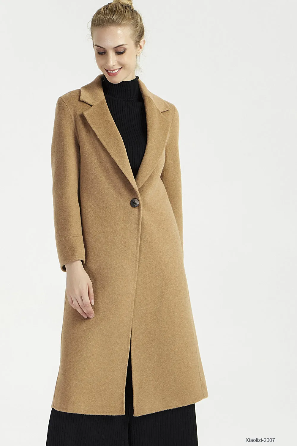 minimalist camel long trench coat with pockets 2007