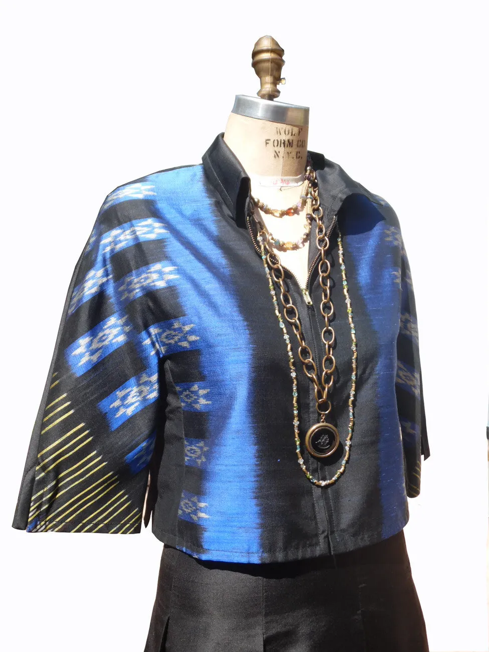 Modern Ikat Couture Cut Jacket Black And Cobalt