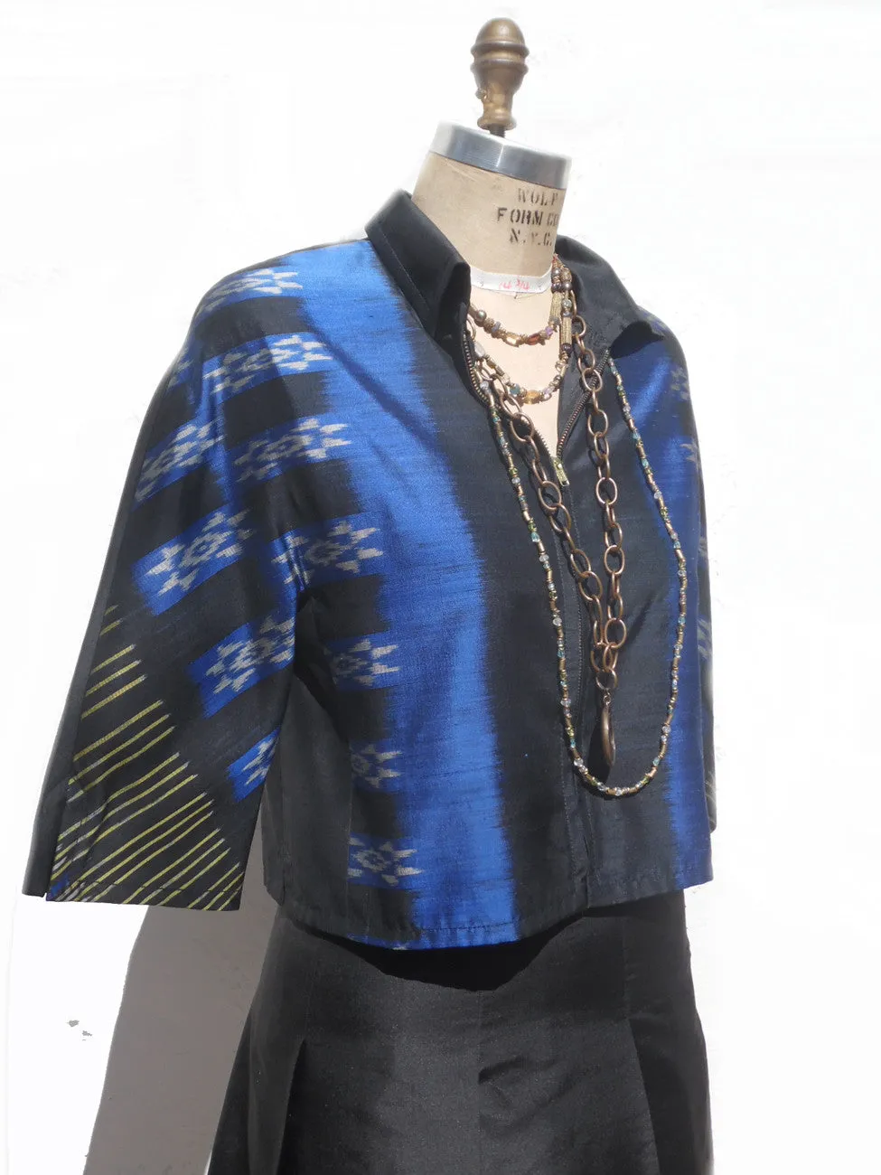 Modern Ikat Couture Cut Jacket Black And Cobalt