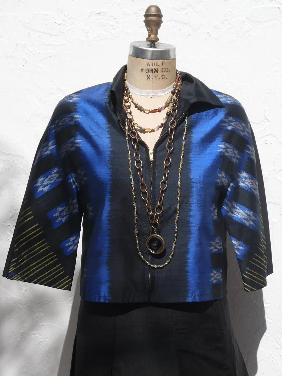 Modern Ikat Couture Cut Jacket Black And Cobalt