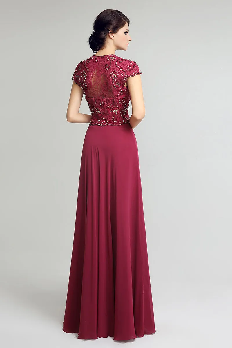 Modest Cap Sleeves Chiffon V-neck Long Simple Beaded Prom Dress