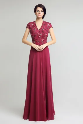 Modest Cap Sleeves Chiffon V-neck Long Simple Beaded Prom Dress